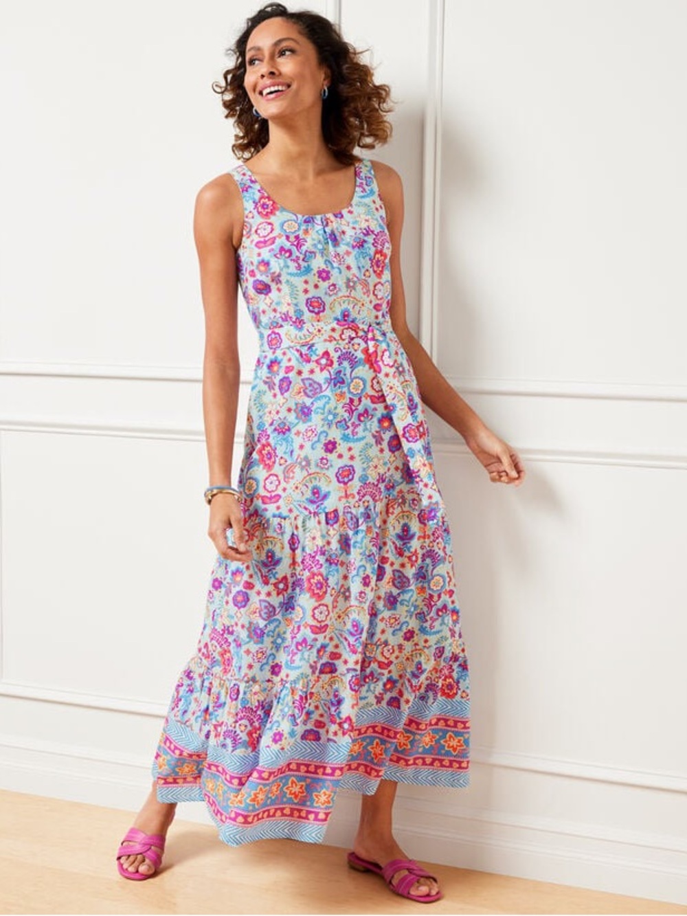 Talbots Charming Floral Belted Voile Maxi Dress size 16W Spring Lightweight